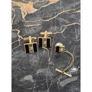 VTG Givenchy Gold Tone & Black Enamel Cufflink Set - Designer Tie Tac Se